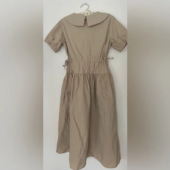 Masion Limo Beige Midi Dress Puff Sleeve Drawstring Waist Minimalist Chic - Picture 6 of 9